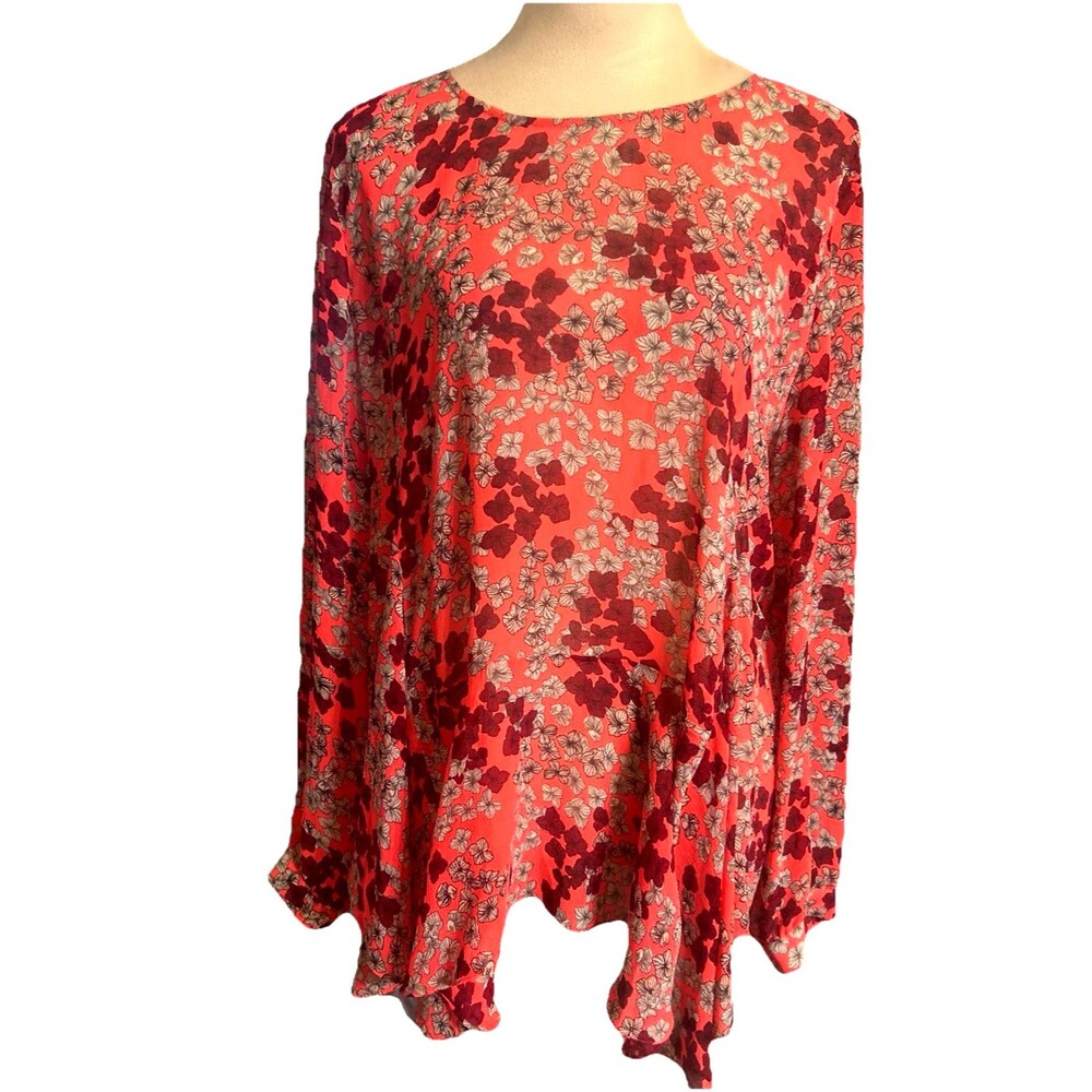 Cece Ditsy Chorus Floral XL Handkerchief Hem Chiffon Coral Pink Long Slv Top